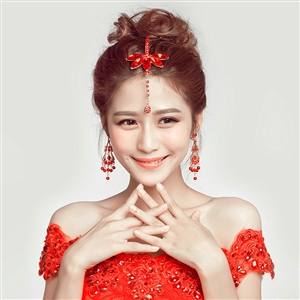 Retro Alloy Rhinestone Flower Bridal Headbands Jewelry Earring Women Weeding Sets 2pcs - Red