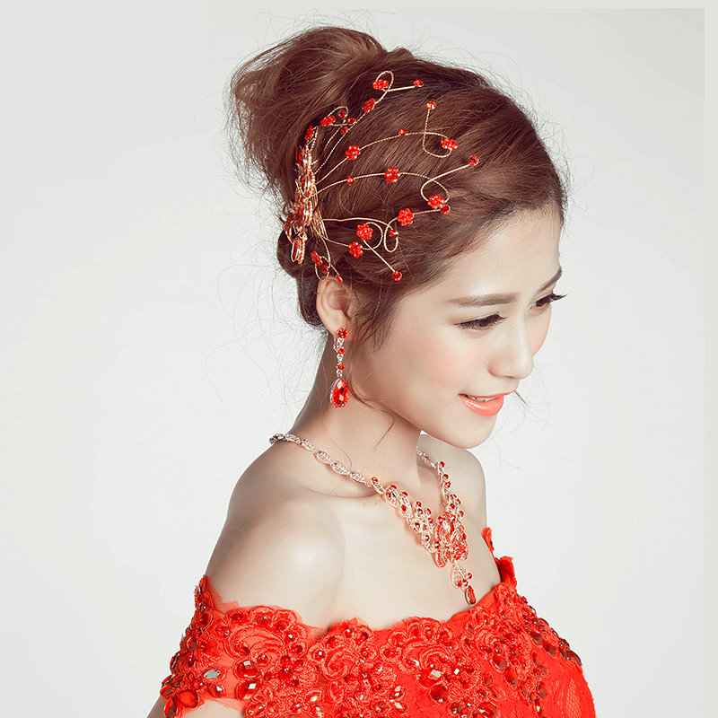 Retro Alloy Rhinestone Peacock Bridal Hairbands Necklace Earring Women Weeding Jewelry Sets - Red
