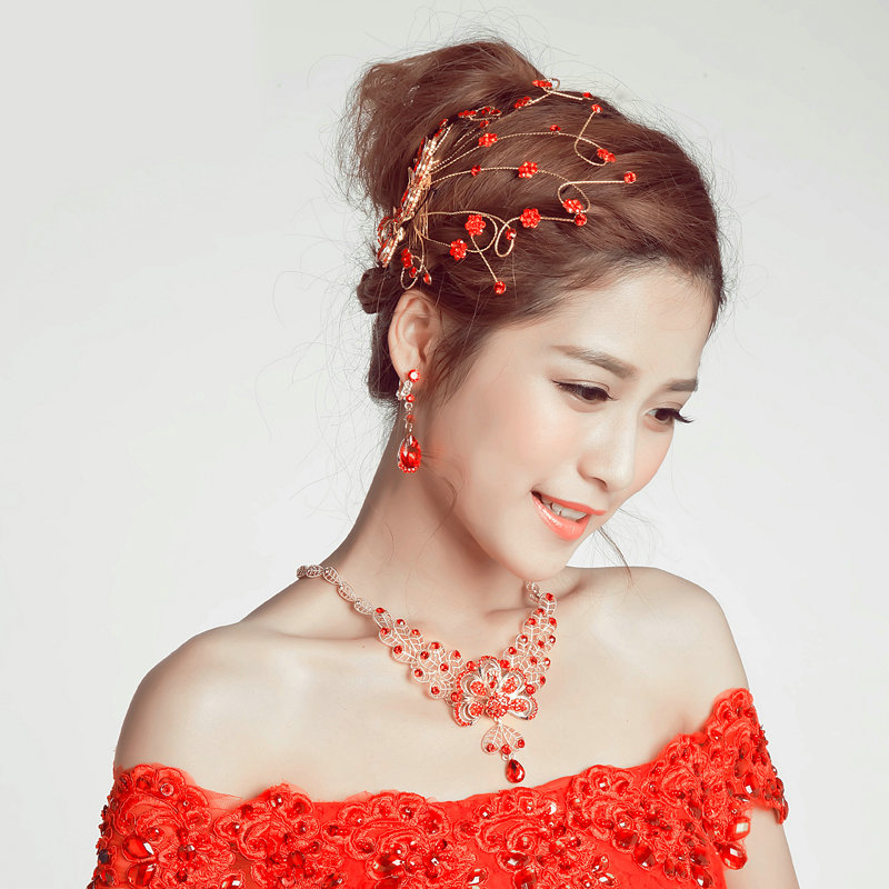 Retro Alloy Rhinestone Peacock Bridal Hairbands Necklace Earring Women Weeding Jewelry Sets - Red