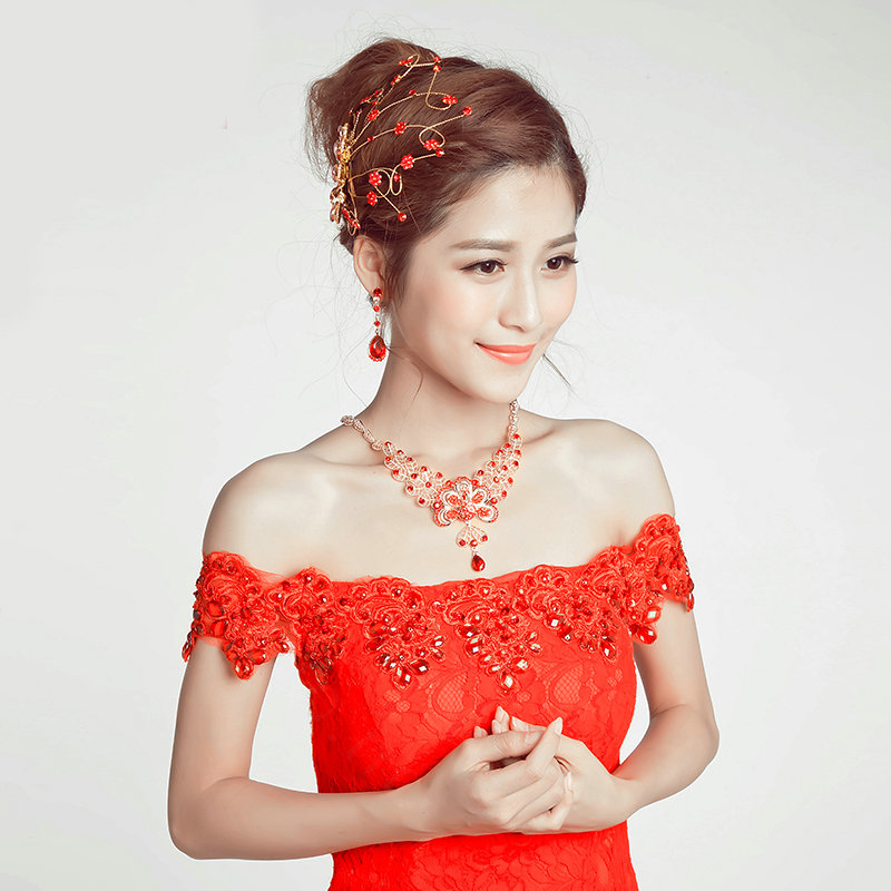 Retro Alloy Rhinestone Peacock Bridal Hairbands Necklace Earring Women Weeding Jewelry Sets - Red