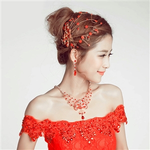Retro Alloy Rhinestone Peacock Bridal Hairbands Necklace Earring Women Weeding Jewelry Sets - Red