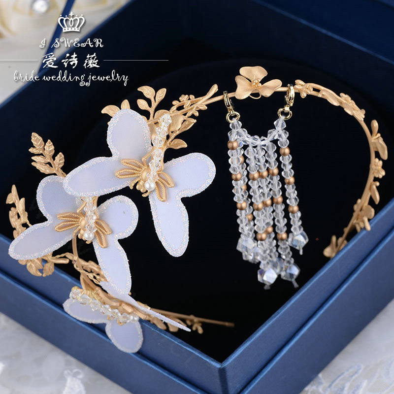 Retro Baroque Alloy Butterfly Beaded Tassel Bride Hair bands Women Wedding Accessories - Gold