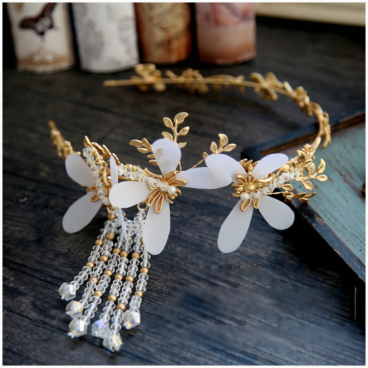 Retro Baroque Alloy Butterfly Beaded Tassel Bride Hair bands Women Wedding Accessories - Gold