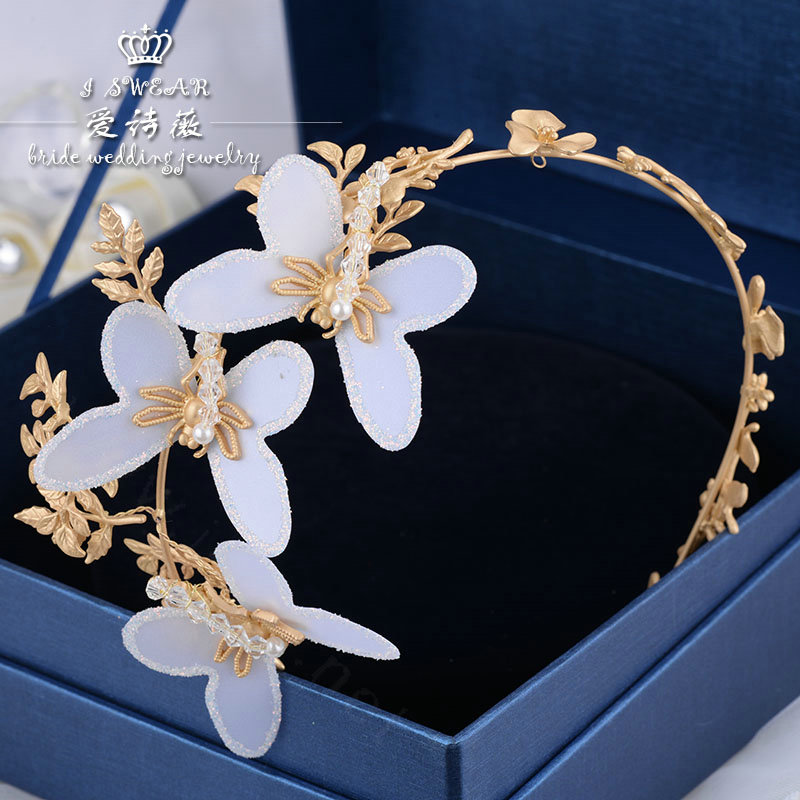 Retro Baroque Alloy Butterfly Beaded Tassel Bride Hair bands Women Wedding Accessories - Gold