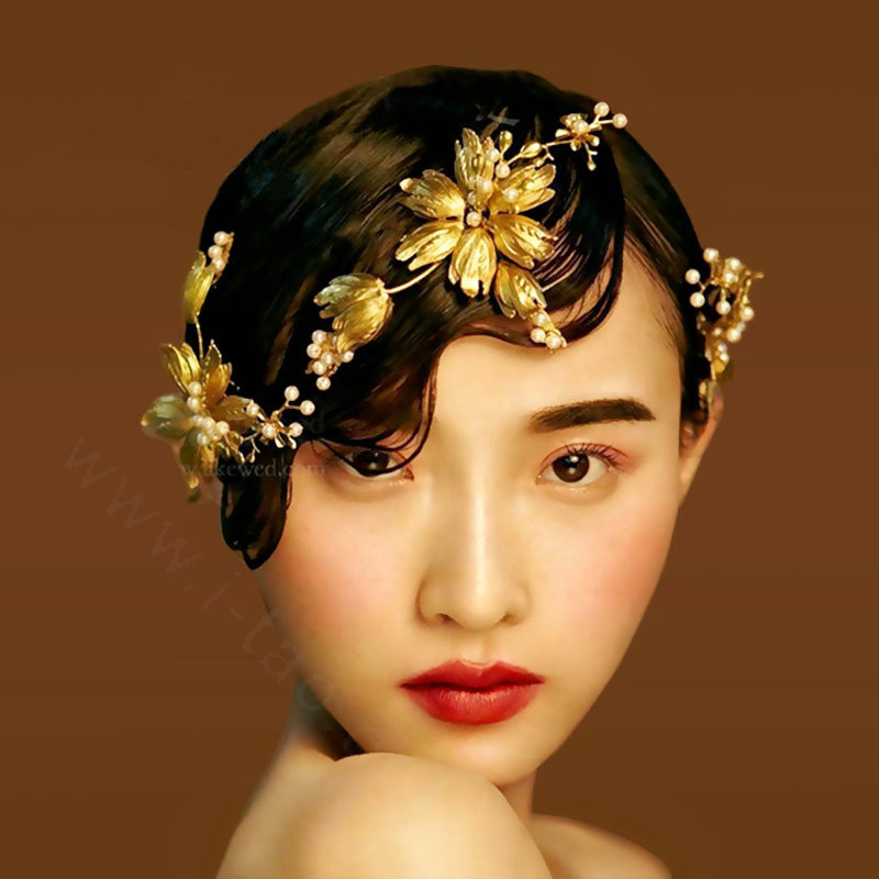 Retro Baroque Bride Hand Pearls Alloy Flower Headbands Women Wedding Hair Clip 3pcs - Gold