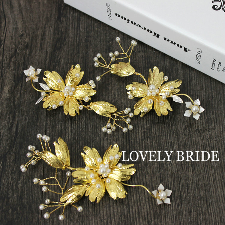 Retro Baroque Bride Hand Pearls Alloy Flower Headbands Women Wedding Hair Clip 3pcs - Gold