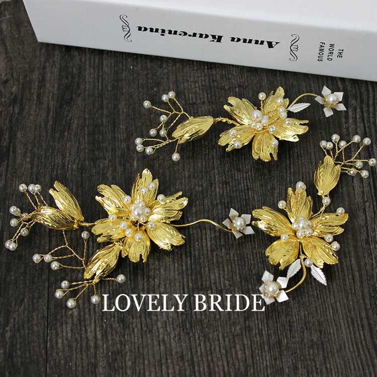 Retro Baroque Bride Hand Pearls Alloy Flower Headbands Women Wedding Hair Clip 3pcs - Gold