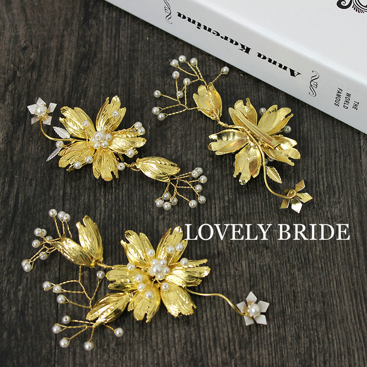 Retro Baroque Bride Hand Pearls Alloy Flower Headbands Women Wedding Hair Clip 3pcs - Gold
