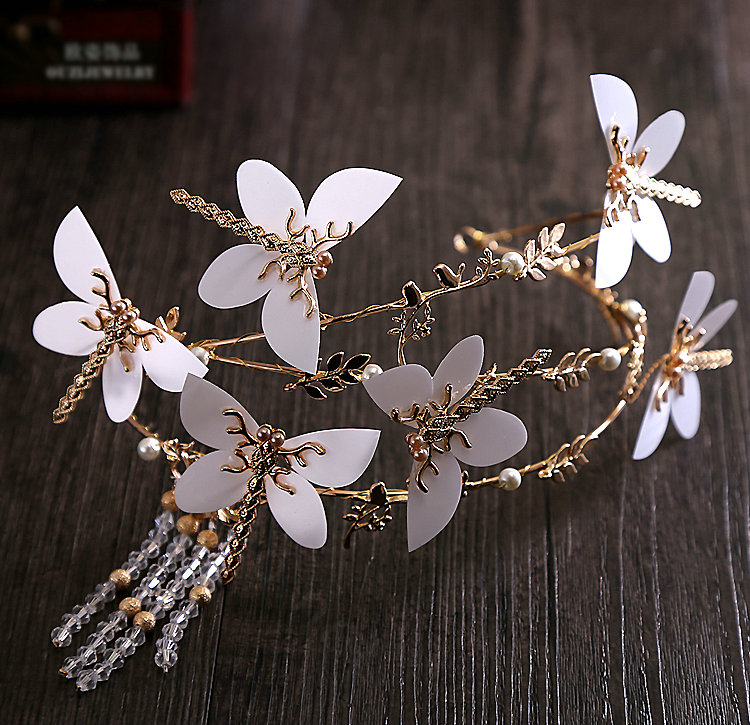 Retro European Bride Alloy Dragonfly Beads Tassel Hairbands Women Wedding Hair Hoop - Gold