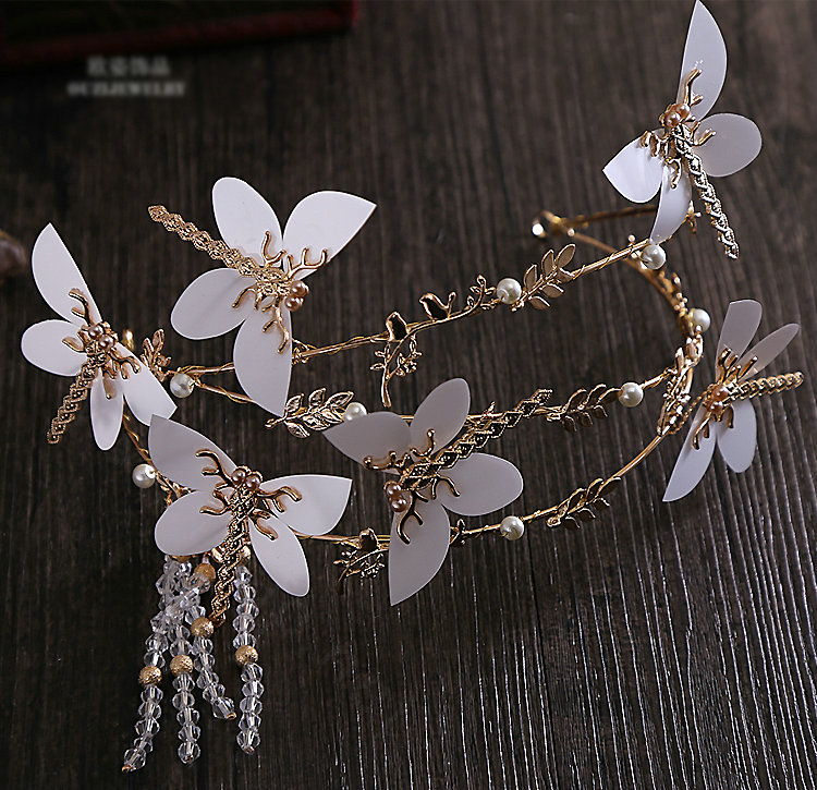 Retro European Bride Alloy Dragonfly Beads Tassel Hairbands Women Wedding Hair Hoop - Gold