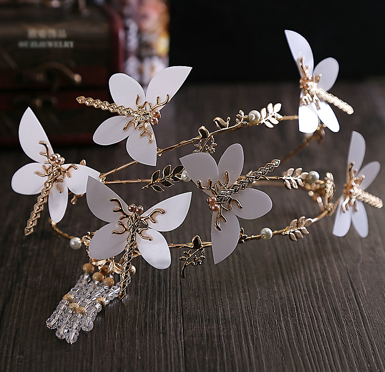 Retro European Bride Alloy Dragonfly Beads Tassel Hairbands Women Wedding Hair Hoop - Gold