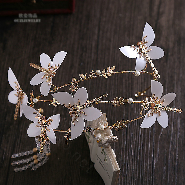 Retro European Bride Alloy Dragonfly Beads Tassel Hairbands Women Wedding Hair Hoop - Gold