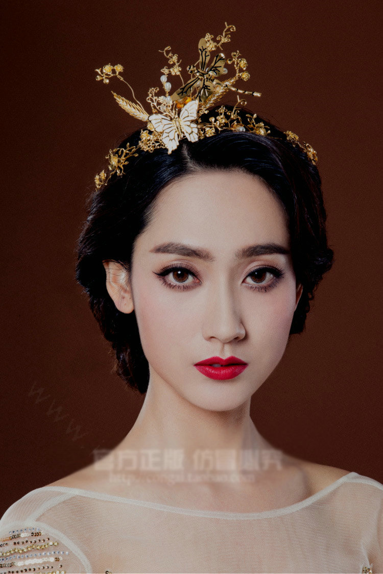 Retro European Bride Alloy Dragonfly Butterfly Pearl Hairbands Women Wedding Hair Hoop - Gold