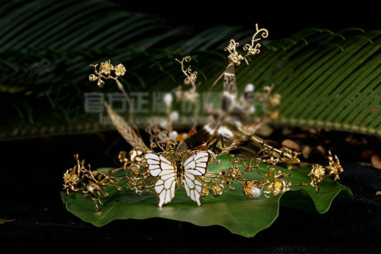 Retro European Bride Alloy Dragonfly Butterfly Pearl Hairbands Women Wedding Hair Hoop - Gold