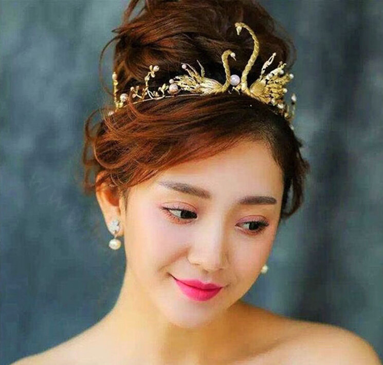 Retro European Bride Hand Alloy Swan Pearl Crown Women Wedding Hair Hoop - Gold