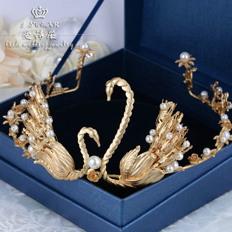 Retro European Bride Hand Alloy Swan Pearl Crown Women Wedding Hair Hoop - Gold