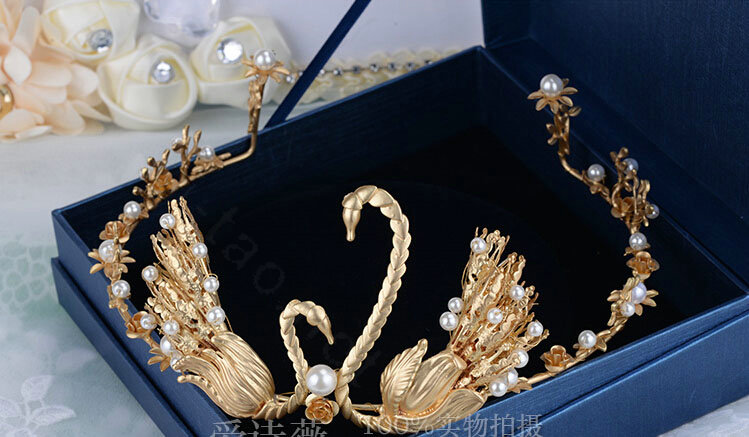 Retro European Bride Hand Alloy Swan Pearl Crown Women Wedding Hair Hoop - Gold