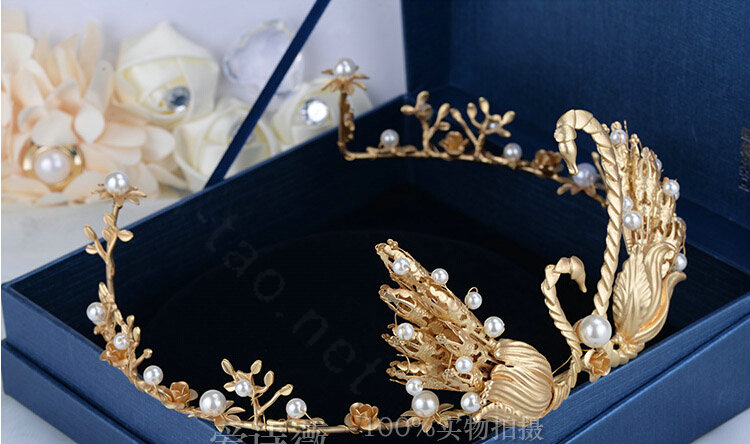 Retro European Bride Hand Alloy Swan Pearl Crown Women Wedding Hair Hoop - Gold