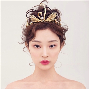 Retro European Bride Hand Alloy Swan Pearl Crown Women Wedding Hair Hoop - Gold