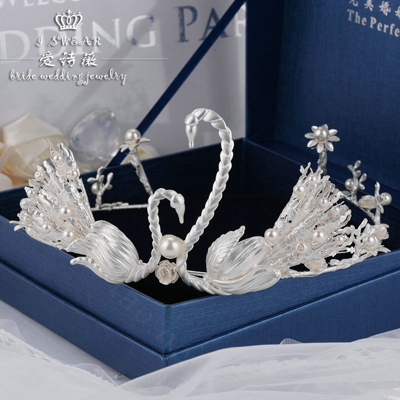 Retro European Bride Hand Alloy Swan Pearl Crown Women Wedding Hair Hoop - Sliver