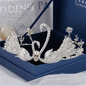 Retro European Bride Hand Alloy Swan Pearl Crown Women Wedding Hair Hoop - Sliver