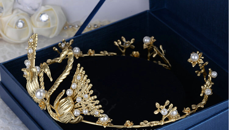 Retro European Bride Hand Alloy Swan Pearl Hair Bands Women Wedding Hair Hoop - Gold