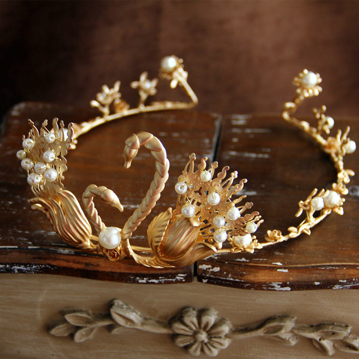 Retro European Bride Hand Alloy Swan Pearl Hair Bands Women Wedding Hair Hoop - Gold