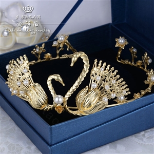 Retro European Bride Hand Alloy Swan Pearl Hair Bands Women Wedding Hair Hoop - Gold