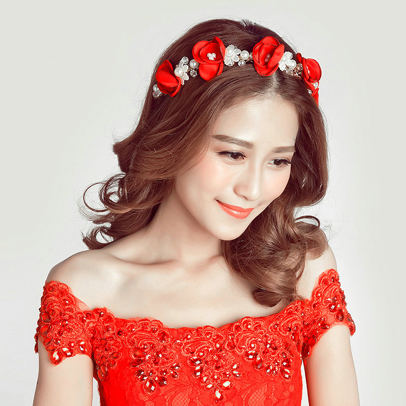 Retro Rhinestone Flower Pearl Bridal Hairbands Earring Women Weeding Jewelry Sets - Red