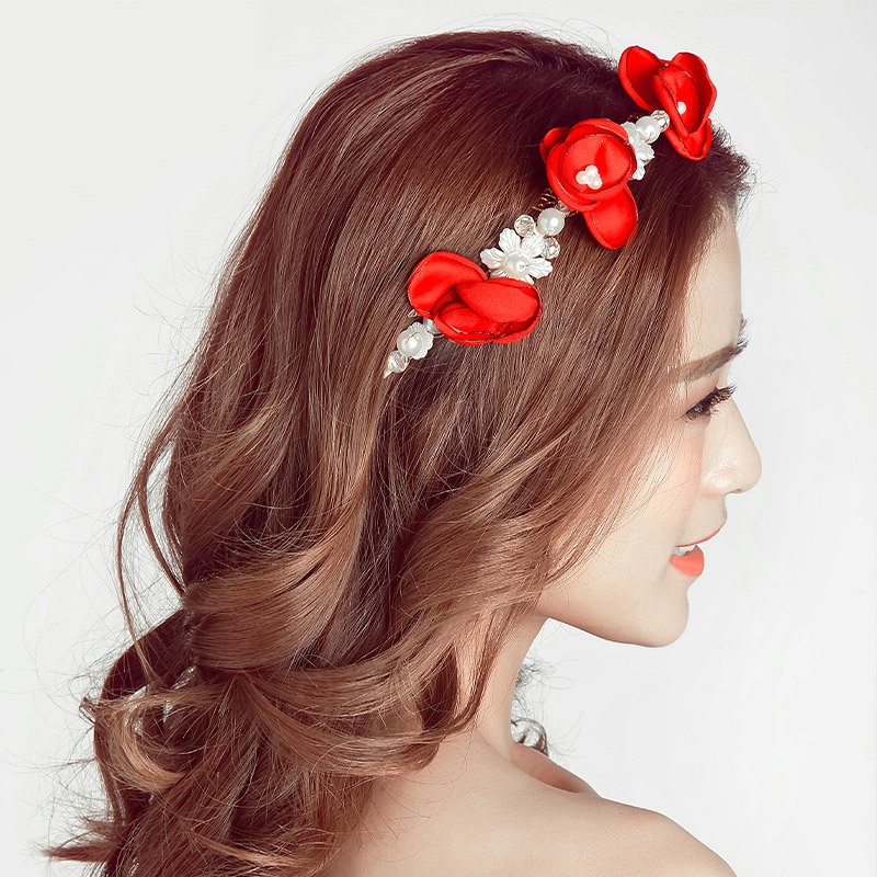 Retro Rhinestone Flower Pearl Bridal Hairbands Earring Women Weeding Jewelry Sets - Red