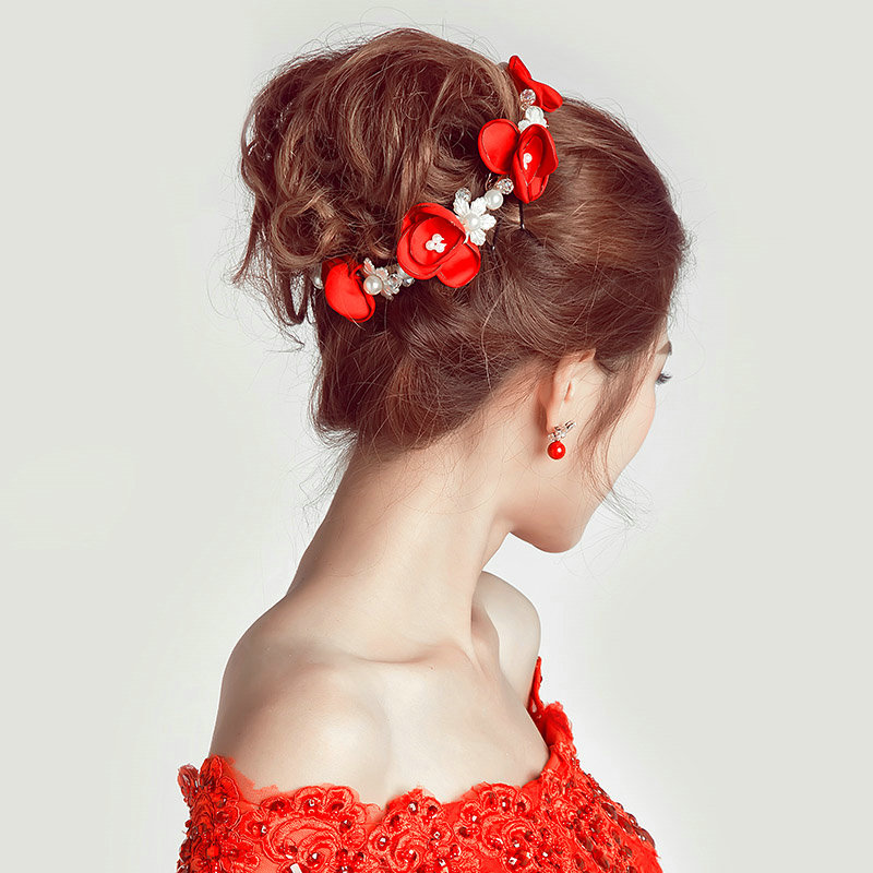 Retro Rhinestone Flower Pearl Bridal Hairbands Earring Women Weeding Jewelry Sets - Red