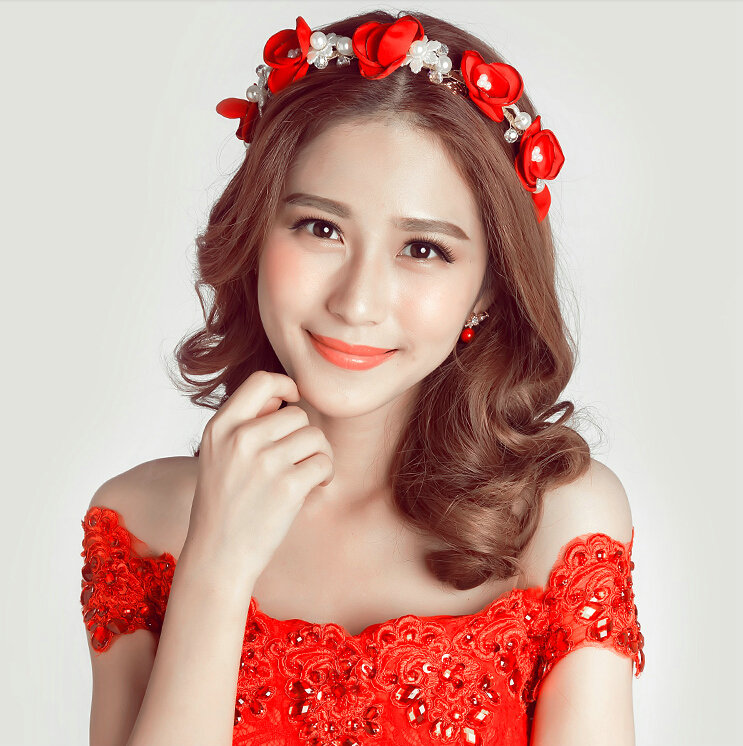 Retro Rhinestone Flower Pearl Bridal Hairbands Earring Women Weeding Jewelry Sets - Red