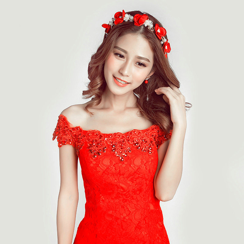 Retro Rhinestone Flower Pearl Bridal Hairbands Earring Women Weeding Jewelry Sets - Red