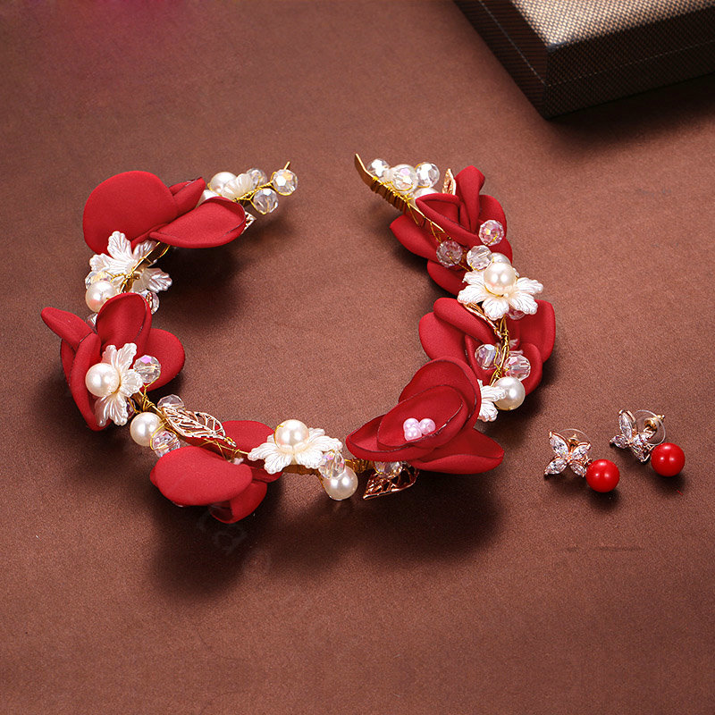 Retro Rhinestone Flower Pearl Bridal Hairbands Earring Women Weeding Jewelry Sets - Red