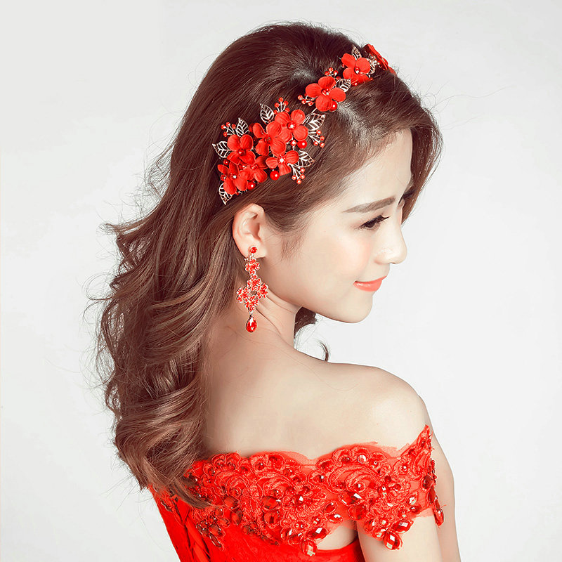 Retro Rhinestone Lace Flower Bridal Headbands Jewelry Earring Women Weeding Sets - Red