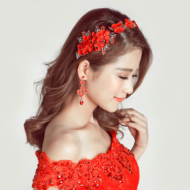 Retro Rhinestone Lace Flower Bridal Headbands Jewelry Earring Women Weeding Sets - Red