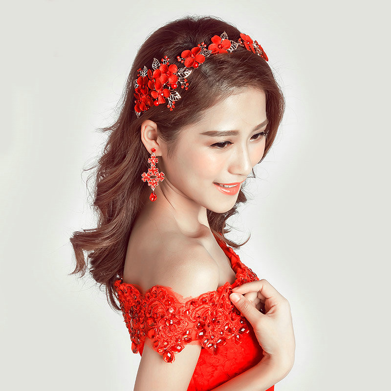 Retro Rhinestone Lace Flower Bridal Headbands Jewelry Earring Women Weeding Sets - Red