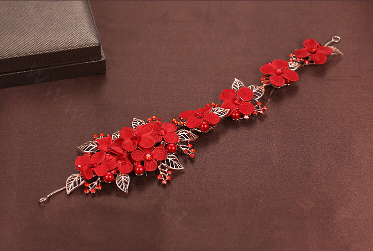 Retro Rhinestone Lace Flower Bridal Headbands Jewelry Earring Women Weeding Sets - Red