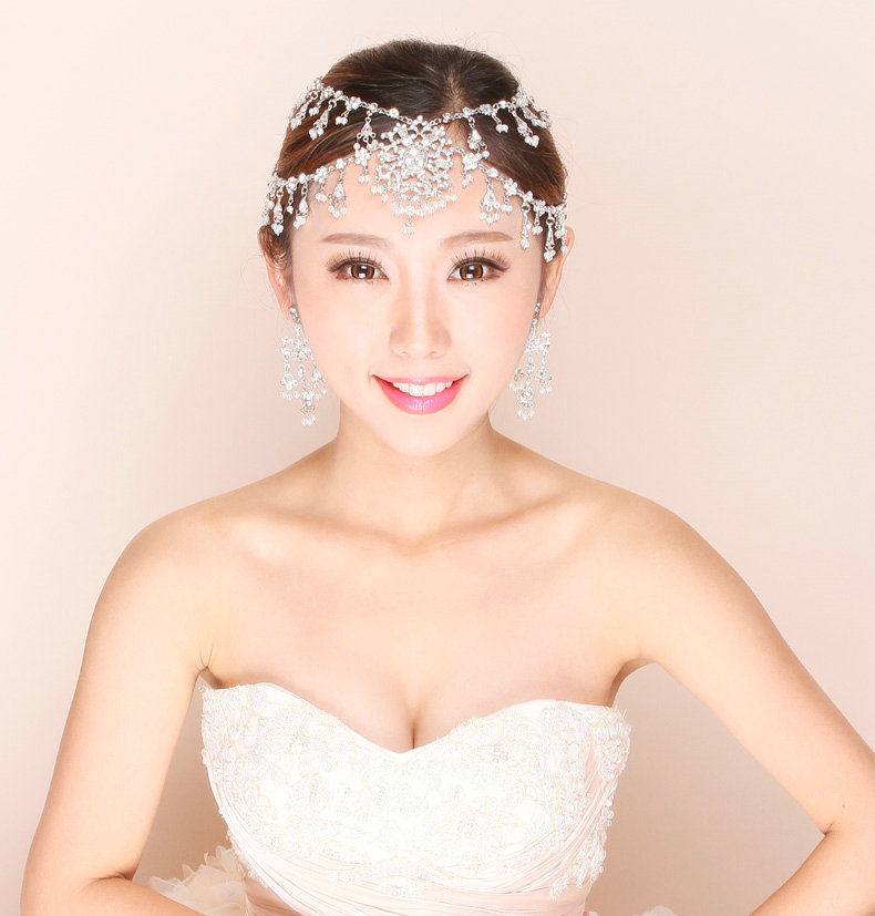 Rhinestone Alloy Flower Pearls Tassel Bohemia Bridal Frontlet Stage Hair Accessories - White
