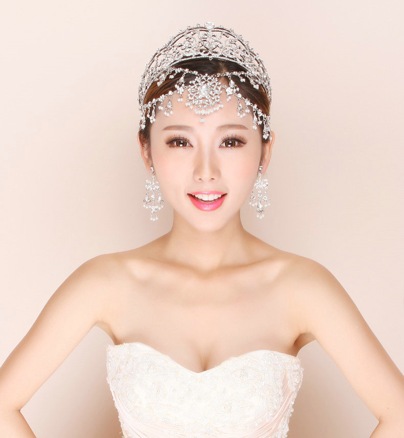 Rhinestone Alloy Flower Pearls Tassel Bohemia Bridal Frontlet Stage Hair Accessories - White