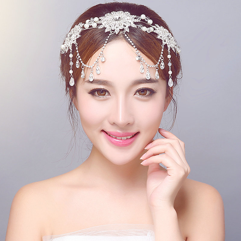 Rhinestone Alloy Flower Tassel Beads Bohemia Bridal Frontlet Headbands Hair Accessories - White