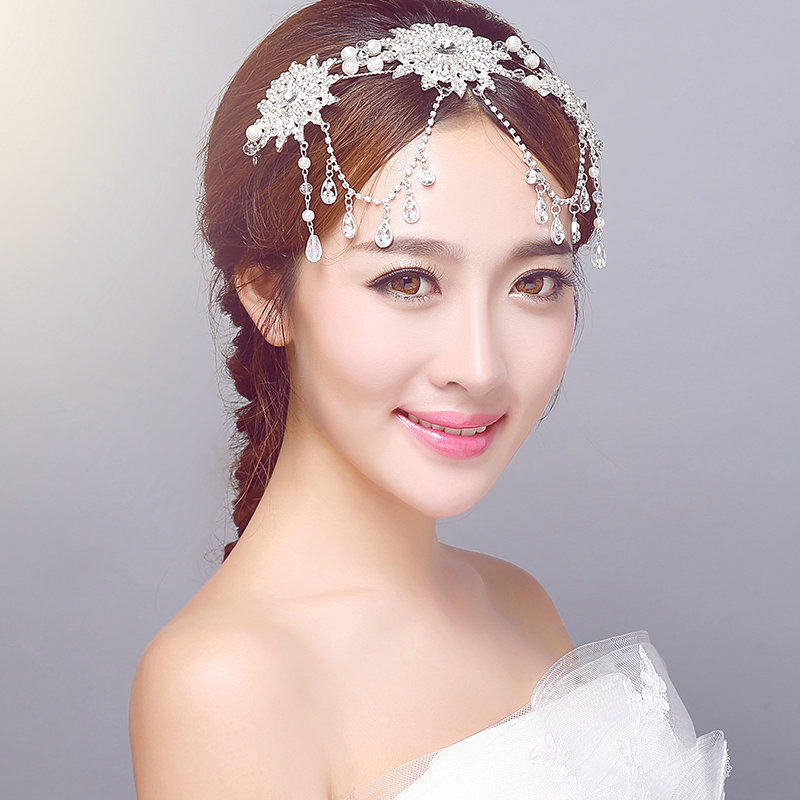 Rhinestone Alloy Flower Tassel Beads Bohemia Bridal Frontlet Headbands Hair Accessories - White