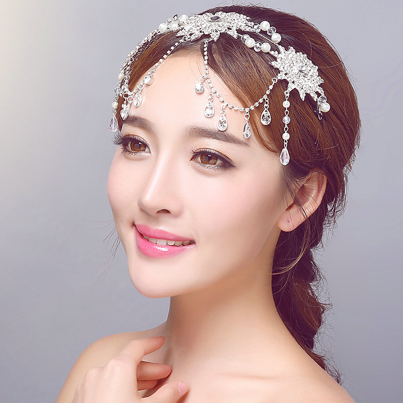 Rhinestone Alloy Flower Tassel Beads Bohemia Bridal Frontlet Headbands Hair Accessories - White