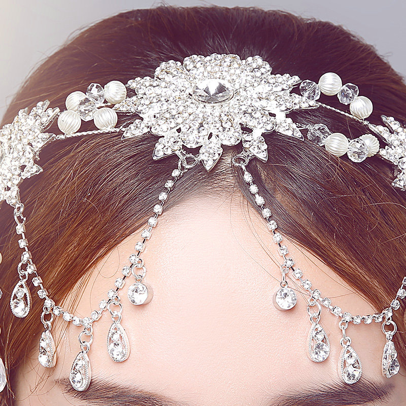 Rhinestone Alloy Flower Tassel Beads Bohemia Bridal Frontlet Headbands Hair Accessories - White