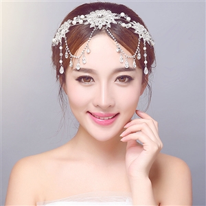 Rhinestone Alloy Flower Tassel Beads Bohemia Bridal Frontlet Headbands Hair Accessories - White