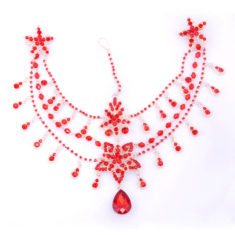 Rhinestone Alloy Flower Tassel Bohemia Bridal Frontlet Stage Headband Hair Accessories - Red