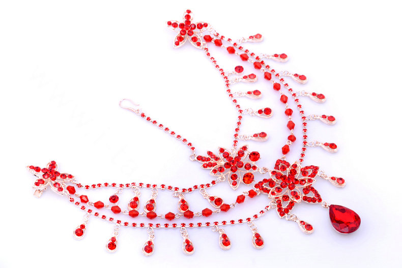 Rhinestone Alloy Flower Tassel Bohemia Bridal Frontlet Stage Headband Hair Accessories - Red