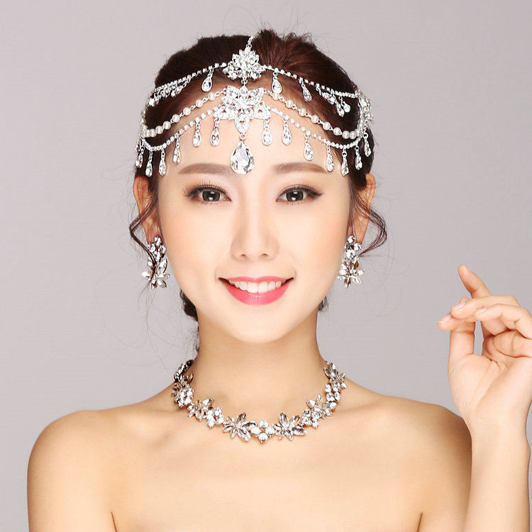 Rhinestone Alloy Flower Tassel Bohemia Bridal Frontlet Stage Headband Hair Accessories - White