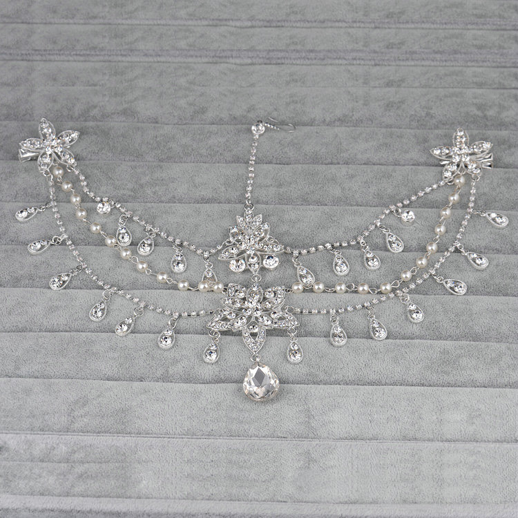 Rhinestone Alloy Flower Tassel Bohemia Bridal Frontlet Stage Headband Hair Accessories - White