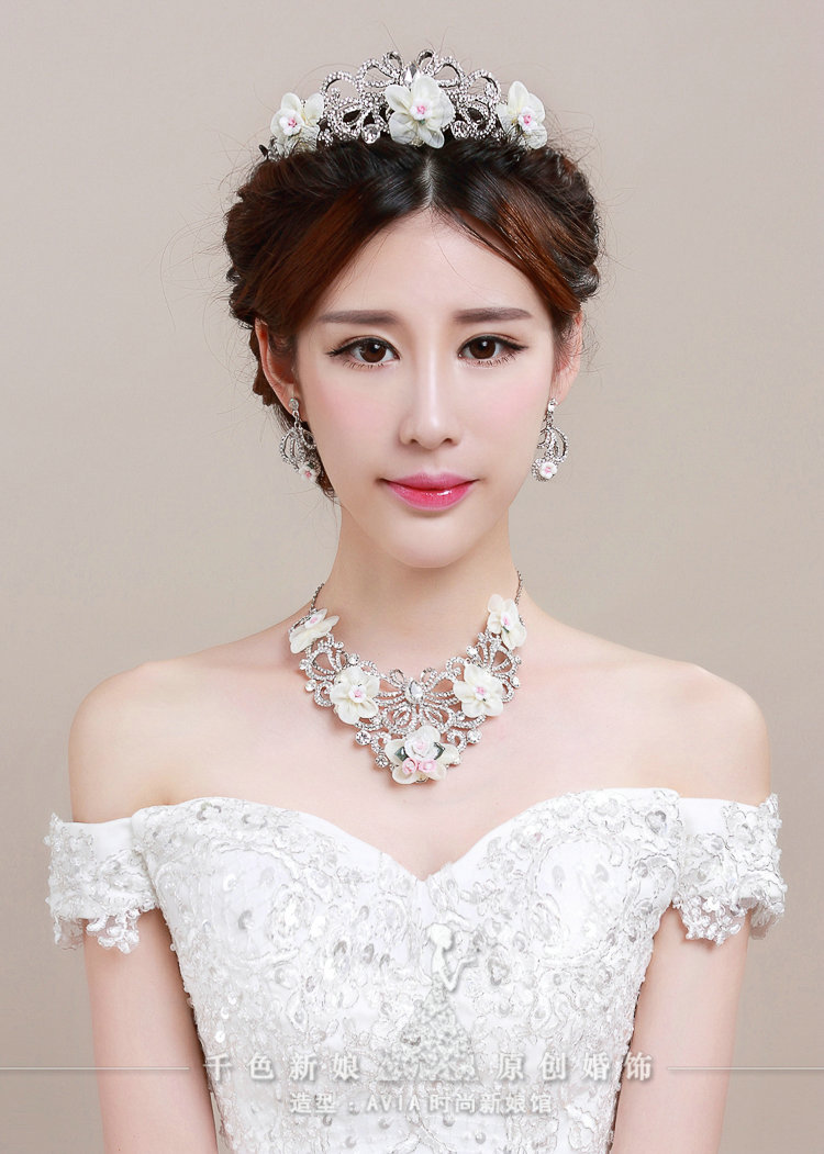 Rhinestone Ceramic Yarn Flower Bridal Tiaras Necklace Earring Women Wedding Jewelry Sets 3pcs - Beige